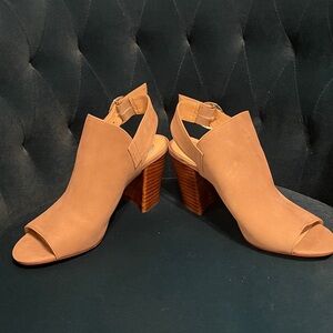 Vince Camuto Tan Peep-Toe Block Heels
